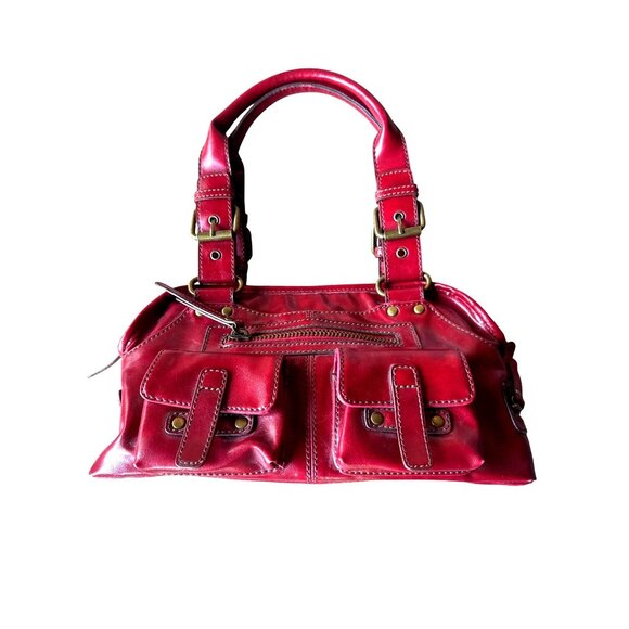 Vintage Y2K Aldo Red Leather Satchel Handbag Buckle Accents Multiple Pockets - Picture 1 of 11